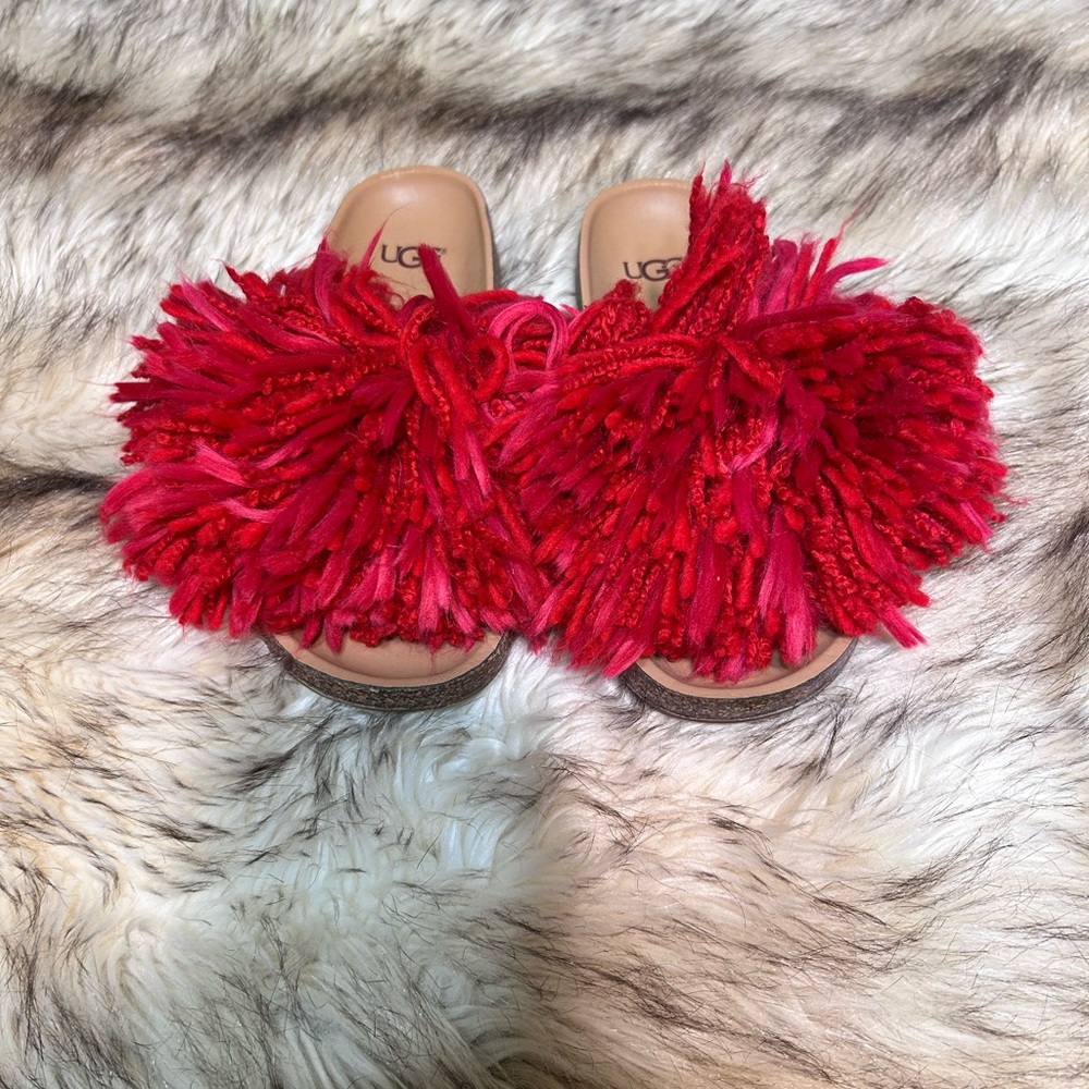 UGG Red and Pink Fluffy Slides